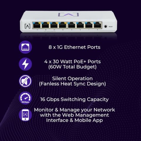 Alta Labs S8-POE | 8 Port Multi-Gigabit Managed Ethernet Switch with 4 PoE+ Ports